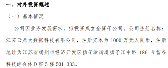 鼎集智能投資千萬成立江蘇云鼎大數據科技，布局第一類增值電信業務